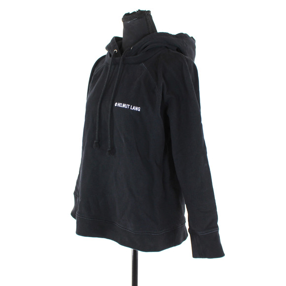 Helmut Lang Black White Logo Embroidered Hoodie Medium Cotton Hooded Sweatshirt - Picture 3 of 7